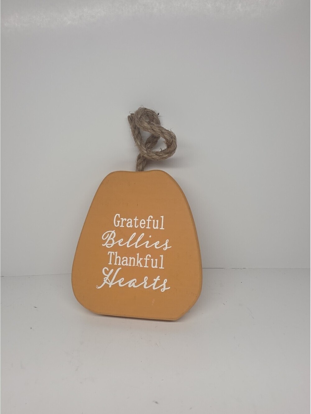 New Fall Thanksgiving GRATEFUL BELLY PUMPKIN BLOCK SIGN Shelf Sitter 8"
